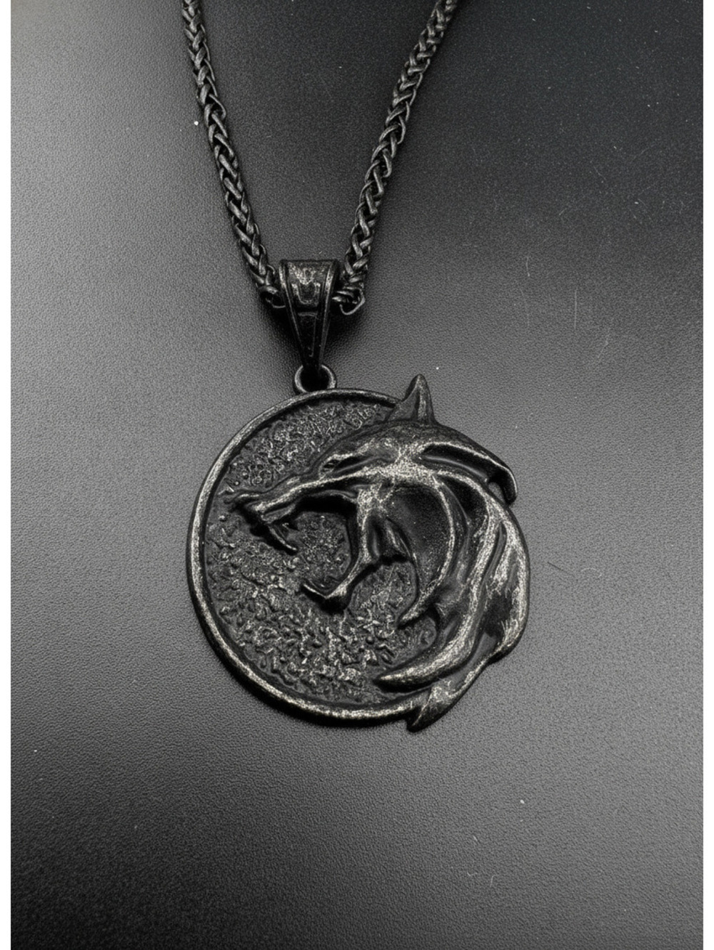 Viking Wolf Head Pendant Necklace in Aged Black